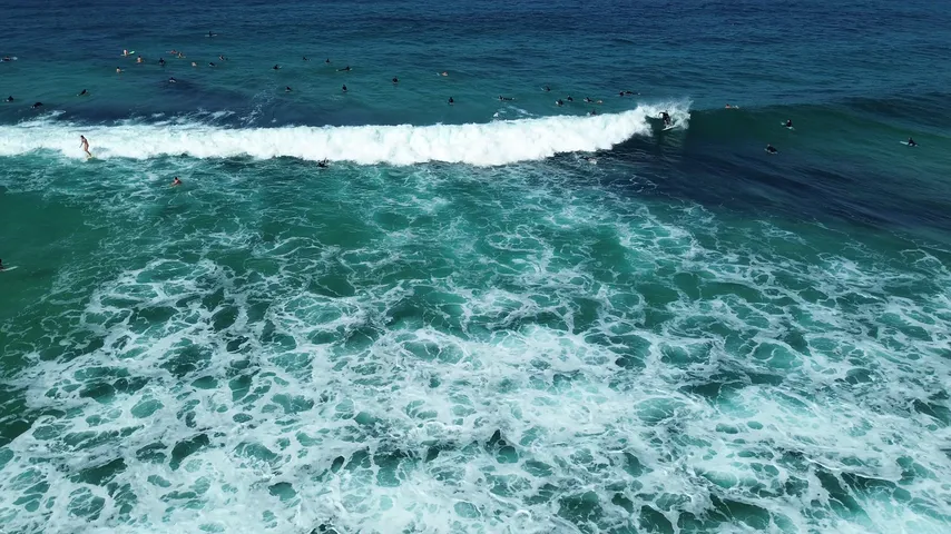 Aerial view of waves breaking at Bondi Beach in Sydney